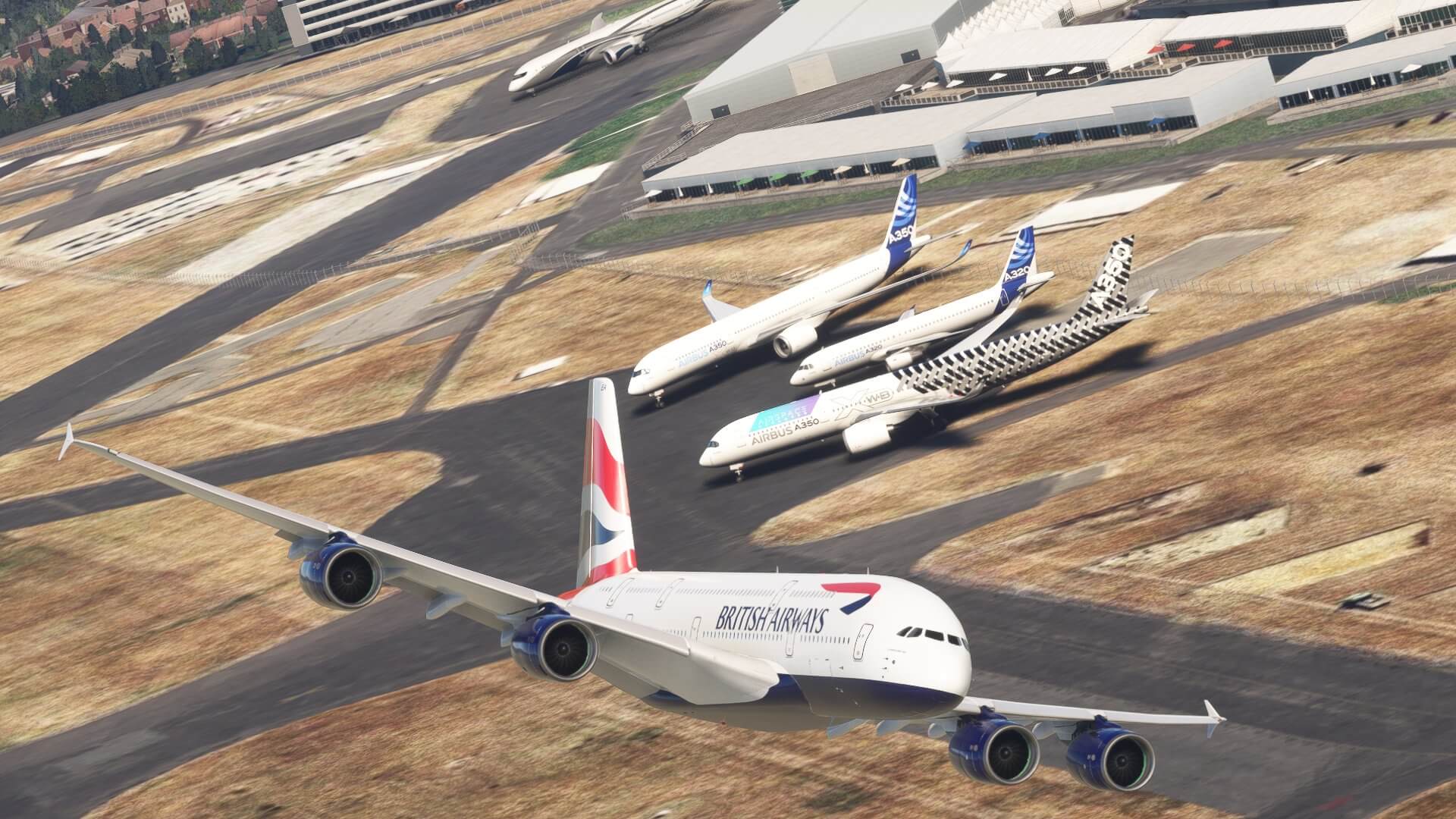 A British Airways A380 banks left above the Farnborough Airshow