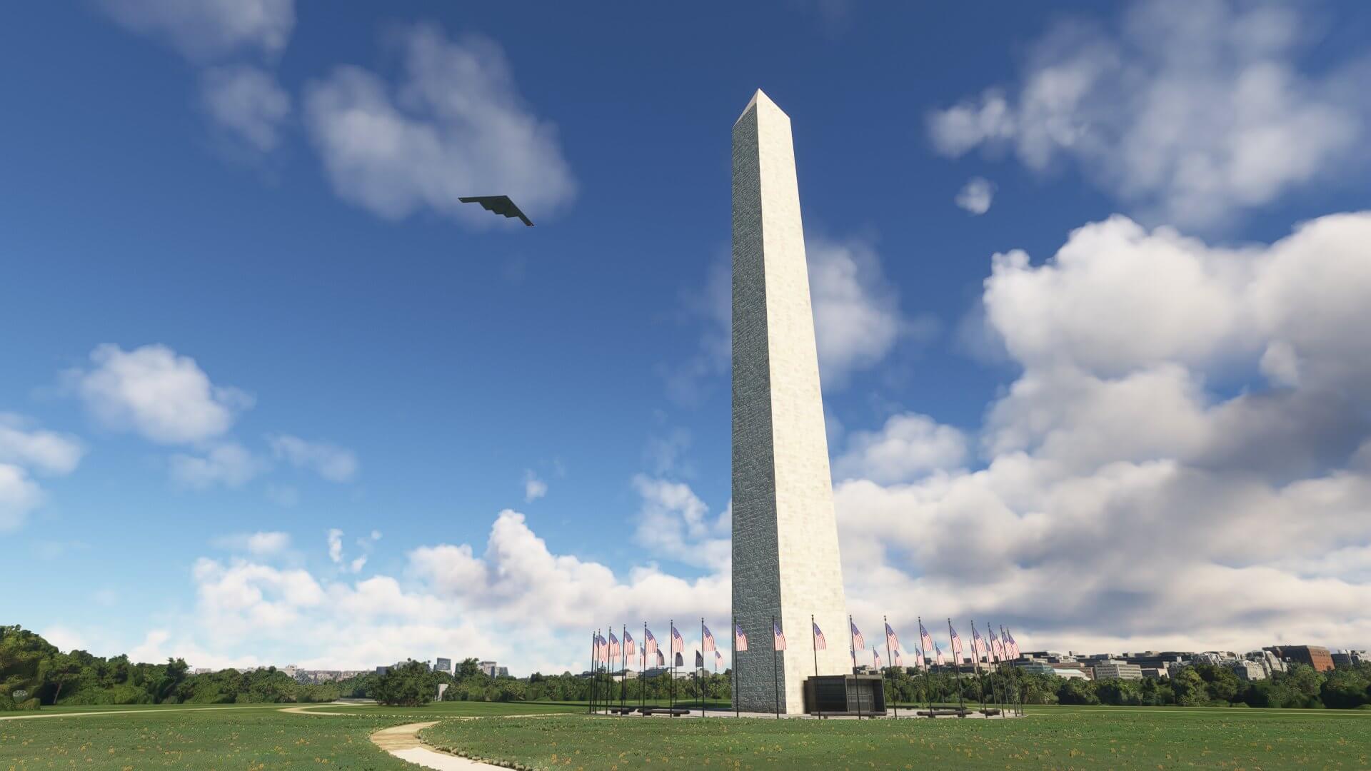 A B-2 Stealh Bomber passes high above the Washington Monument