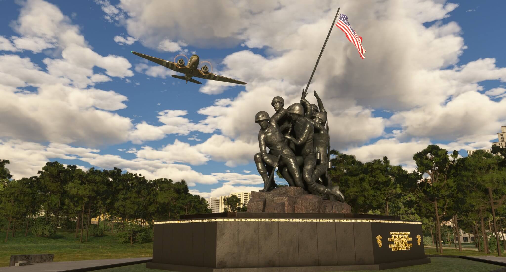 A C-47D Skytrain flies over a US War Memorial