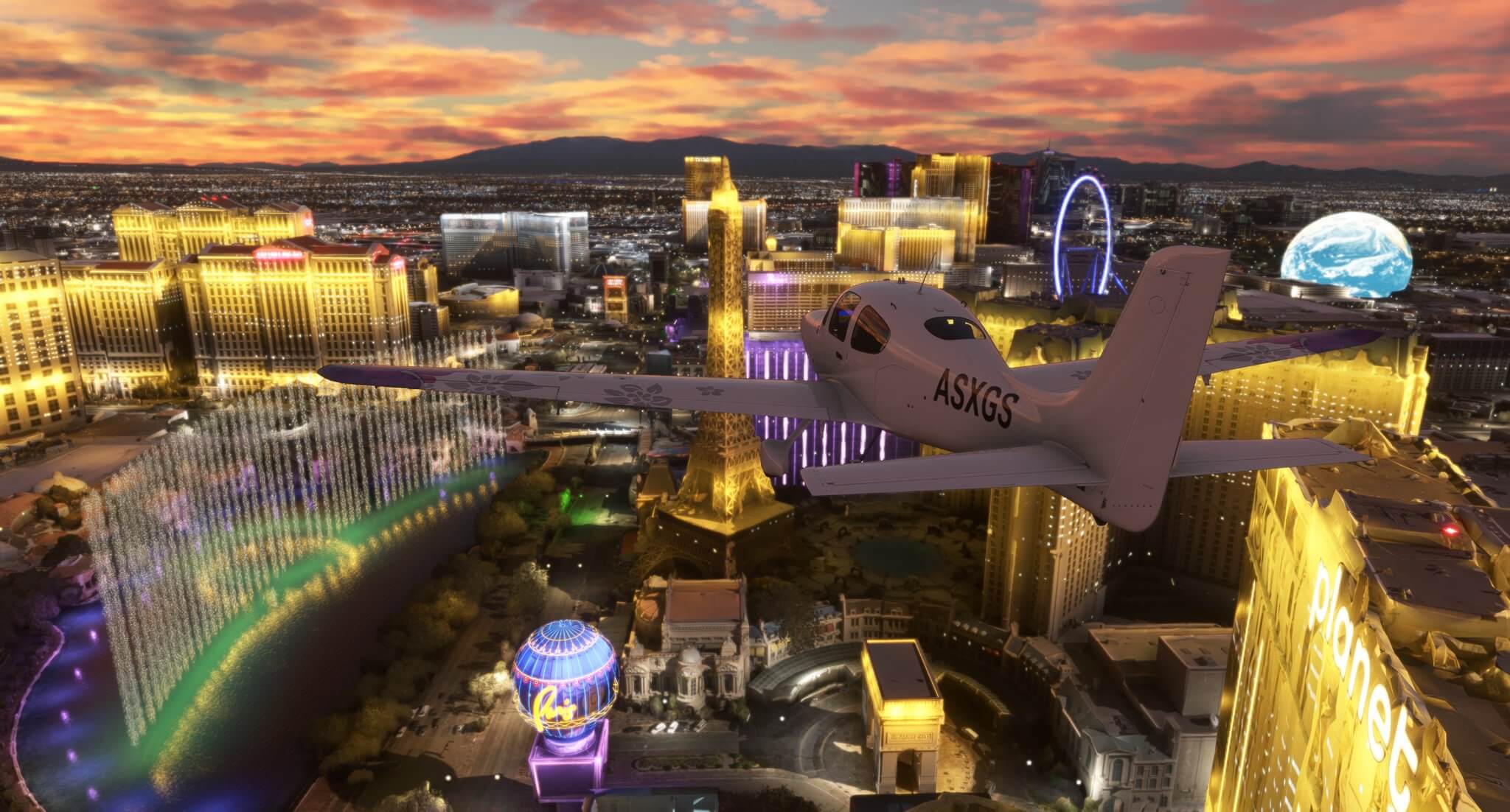 A Cirrus SR22 flies overhead the Las Vegas Strip with the Bellagio fountains visible below