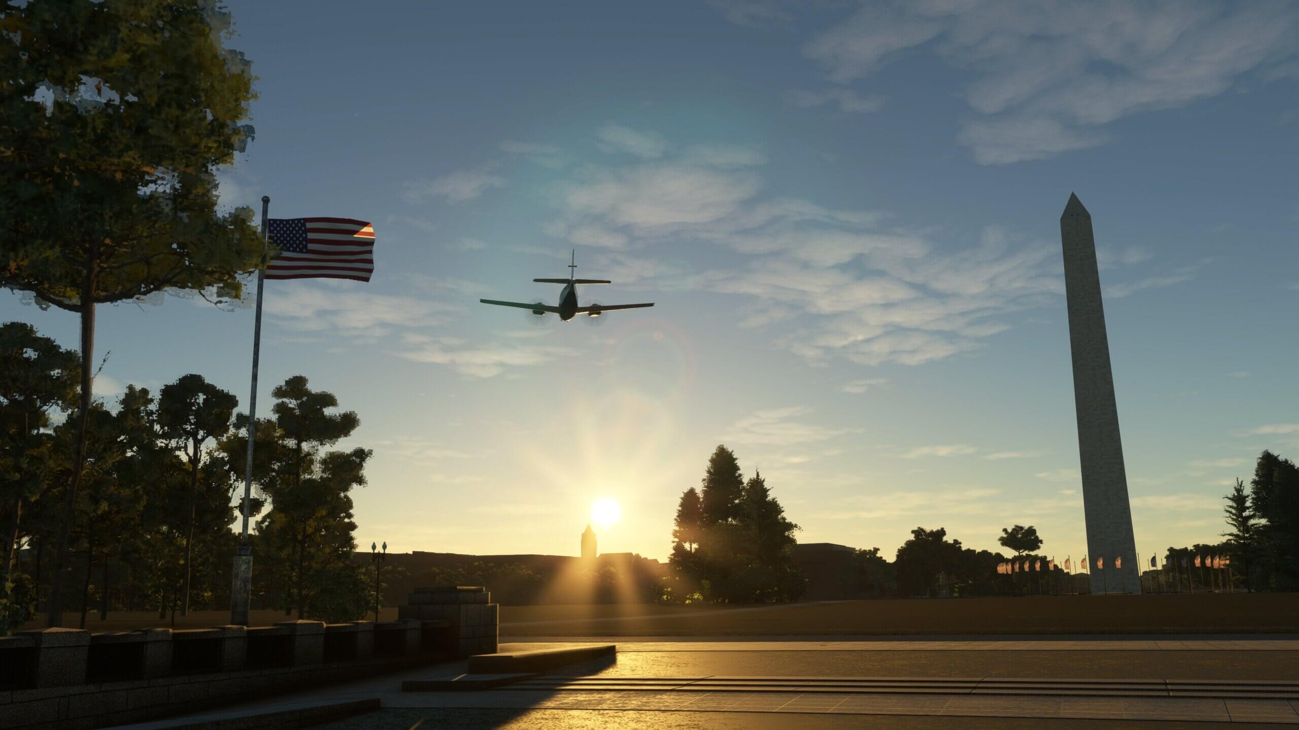 A dual engine low wing propeller aircraft flies over the Washington Monument, with the US flag waving in the wind as the sun shines ahead of the aircraft