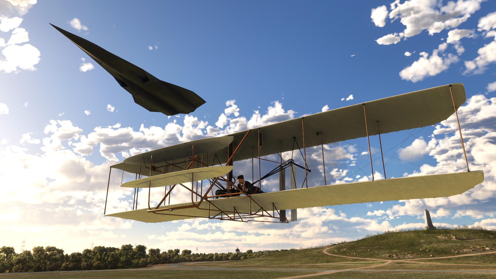 The Darkstar flies in close formation with The Wright Brothers Flyer