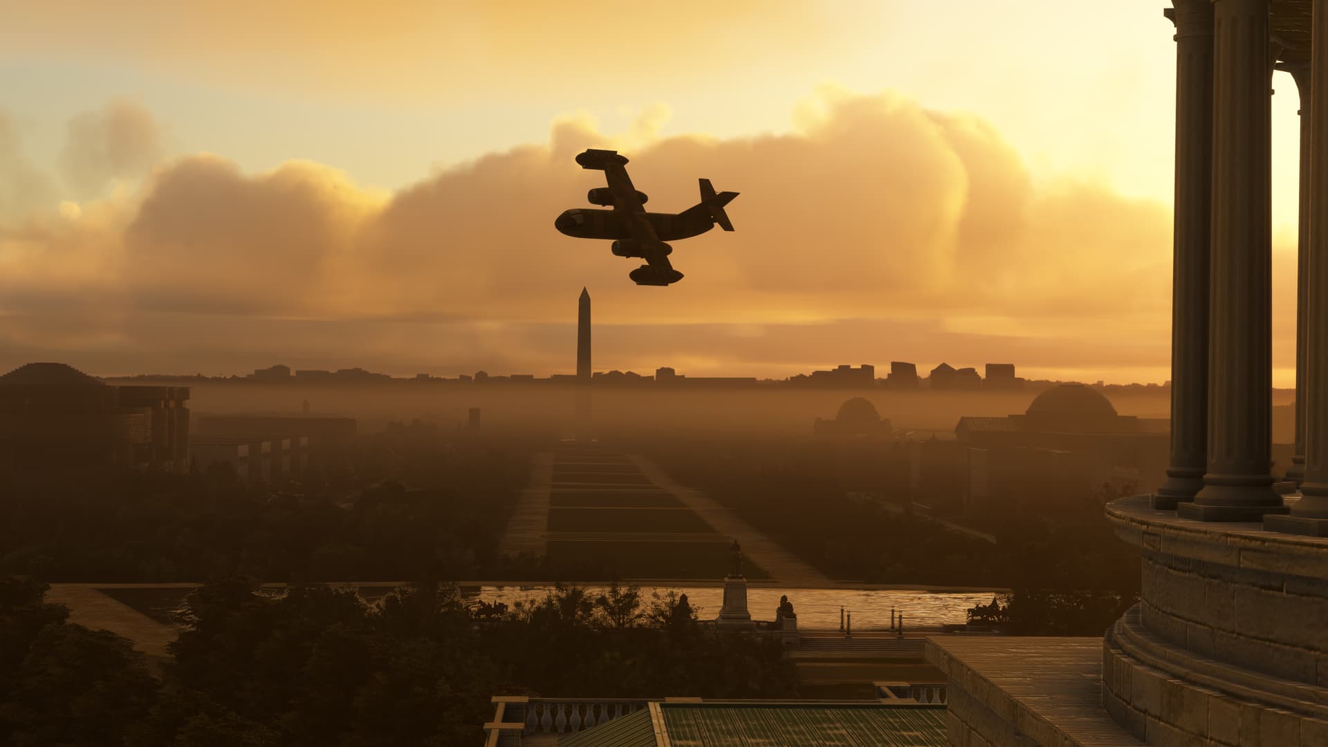 A Dornier DO-31 banks left whilst flying near the Washington Monument at dawn, with golden clouds rolling in behind