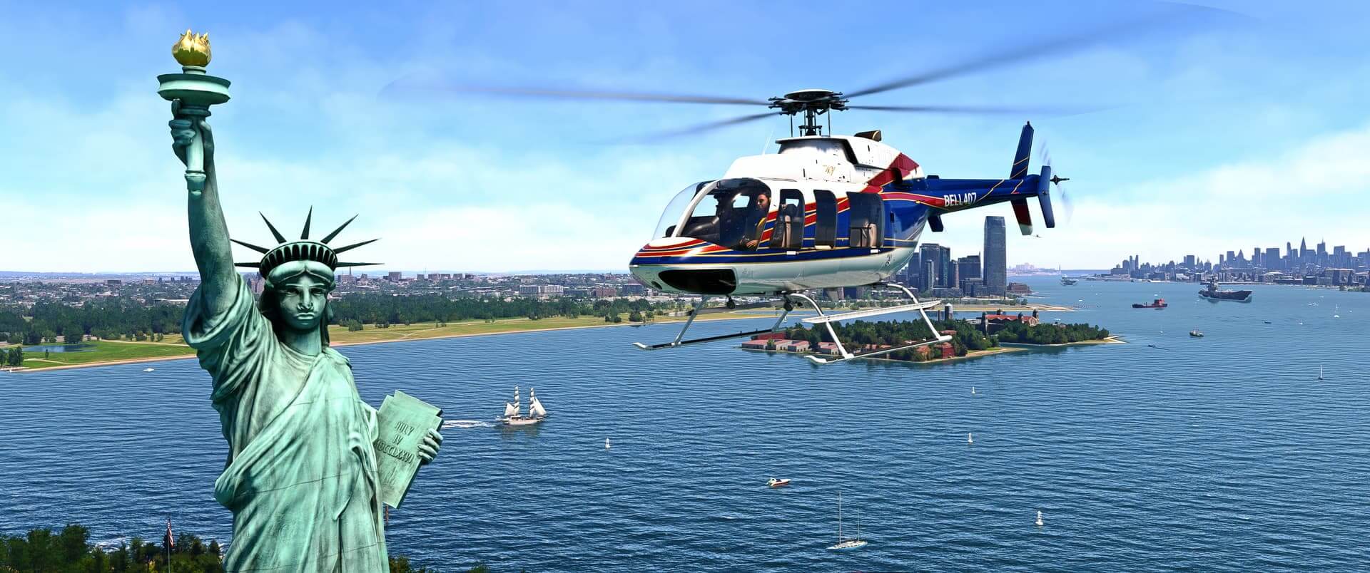 A Bell 407 helicopter passes close by to the Statue of Liberty, New York, with boats filling the water below