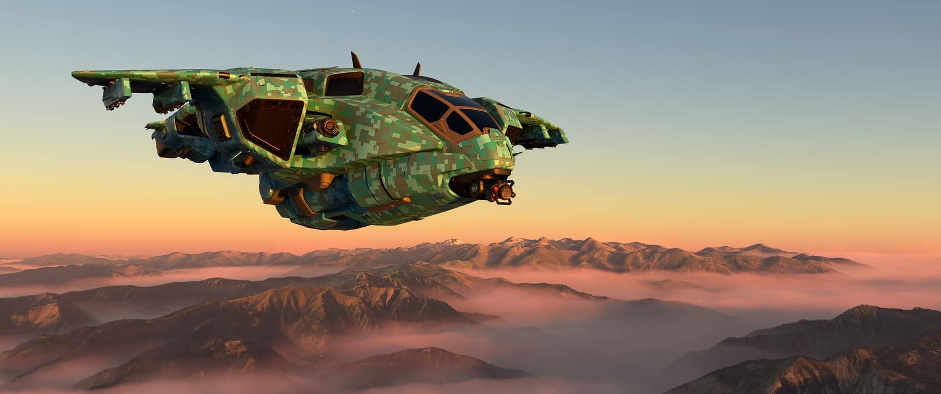 The Halo Pelican in digital green camo passes over mountains, covered in an overcast layer of cloud