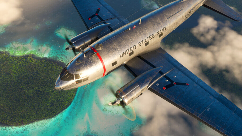 Curtiss C-46 Commando external high shot with blue water below
