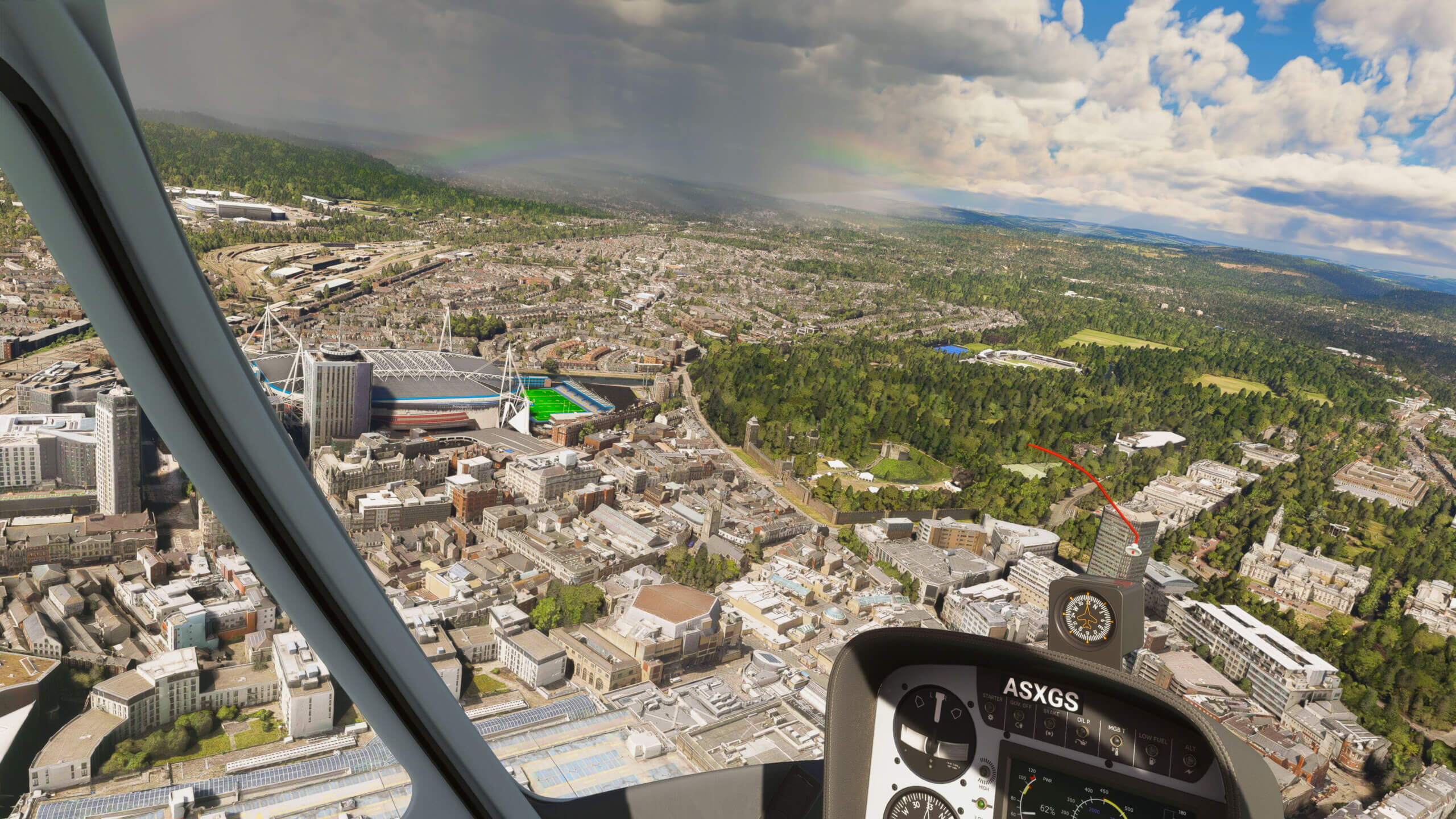 View from an aircrafts cockpit of Cardiff in Wales and the Millennium Stadium.