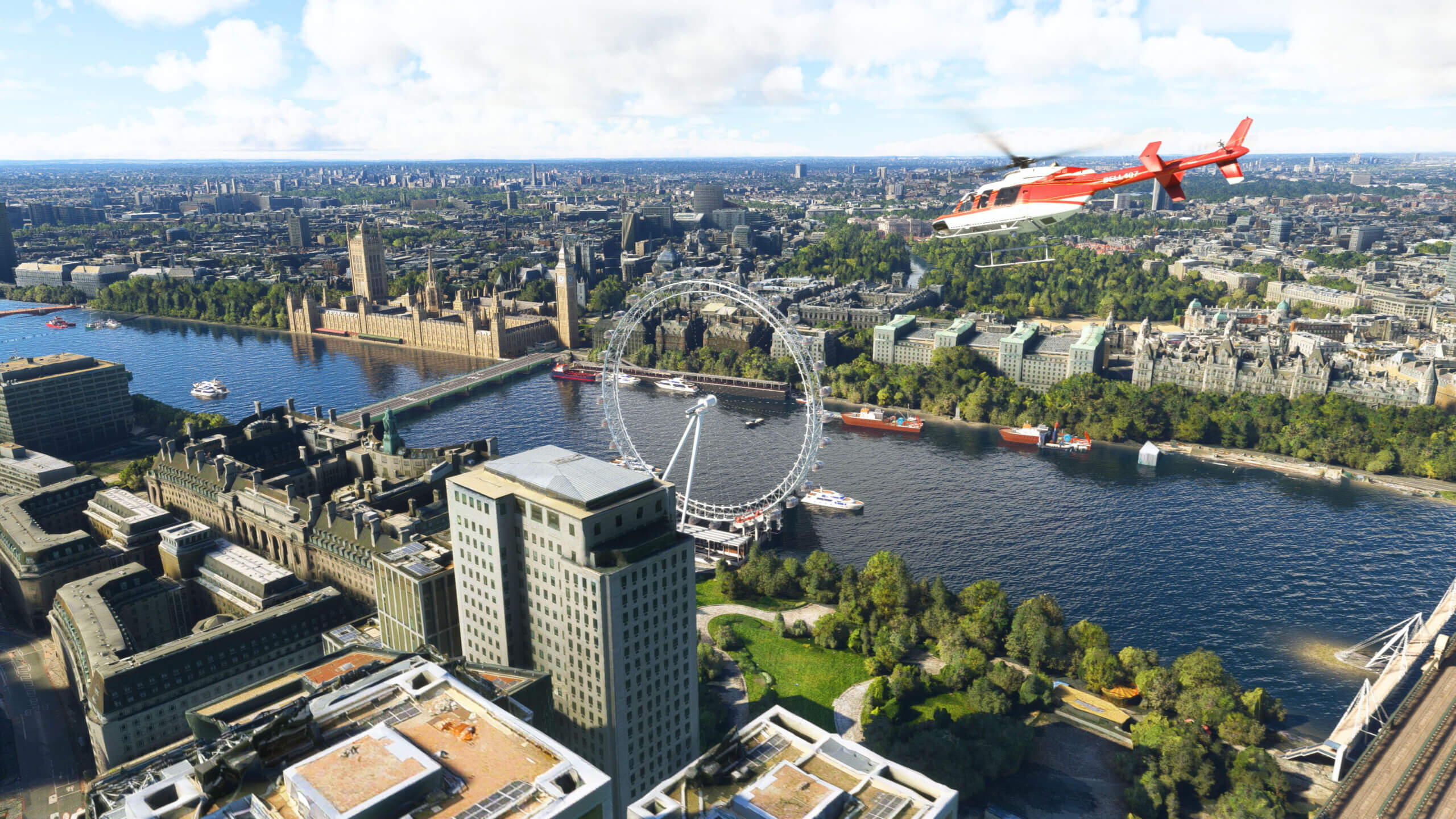 A helicopter flies over the River Thames nearby the London Eye.