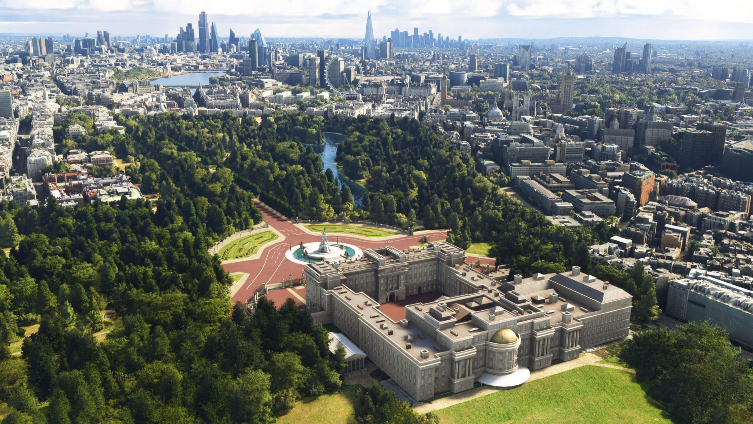 Aerial shot overlooking Buckingham Palace, looking towards Greater London.