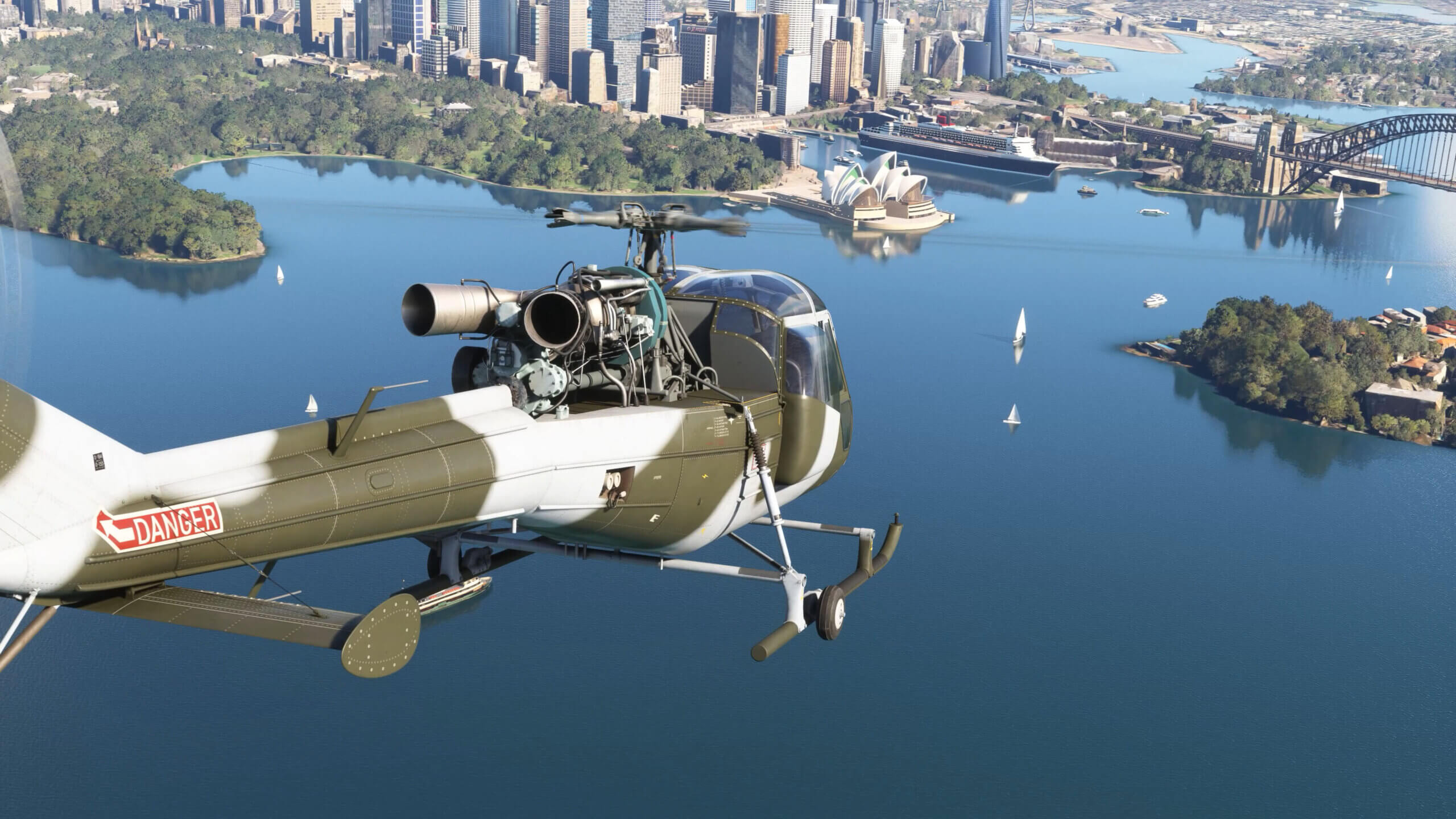 Westland Scout flying towards Sydney Opera House