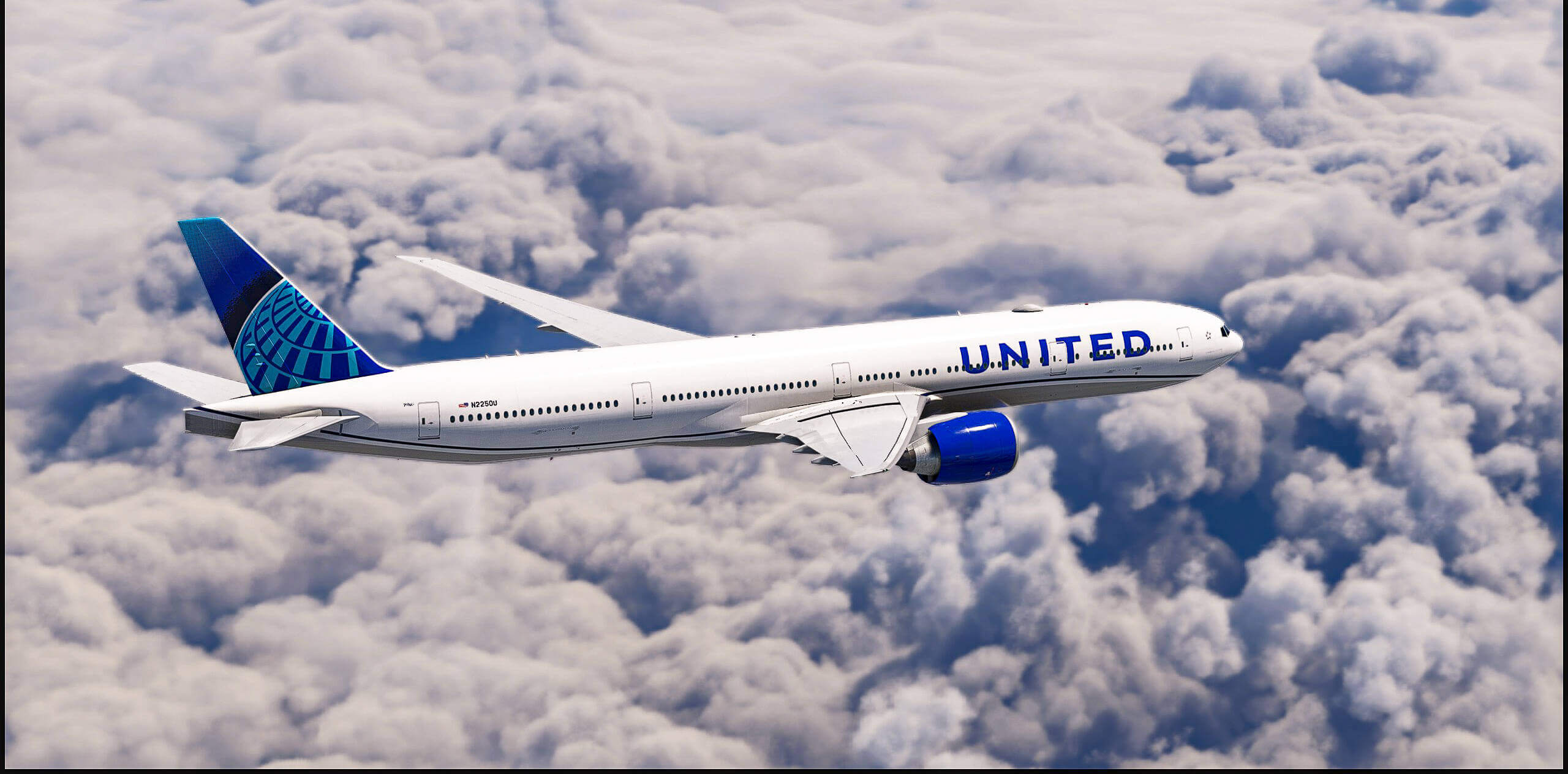 A Boeing 777 in United Airlines paint cruises high above overcast clouds