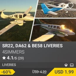 SR22, DA62 & BE58 Liveries by 4Simmers. USD 4.99 (on sale for 1.99)