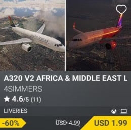 A320 v2 Africa & Middle East Liveries by 4Simmers. USD 4.99 (on sale for 1.99)