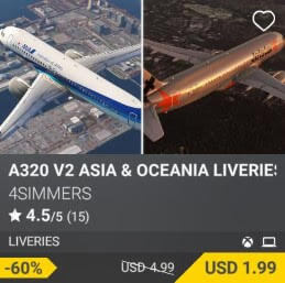 A320 v2 Asia & Oceania Liveries by 4Simmers. USD 4.99 (on sale for 1.99)