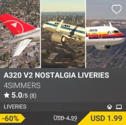 A320 v2 Nostalgia Liveries by 4Simmers. USD 4.99 (on sale for 1.99)