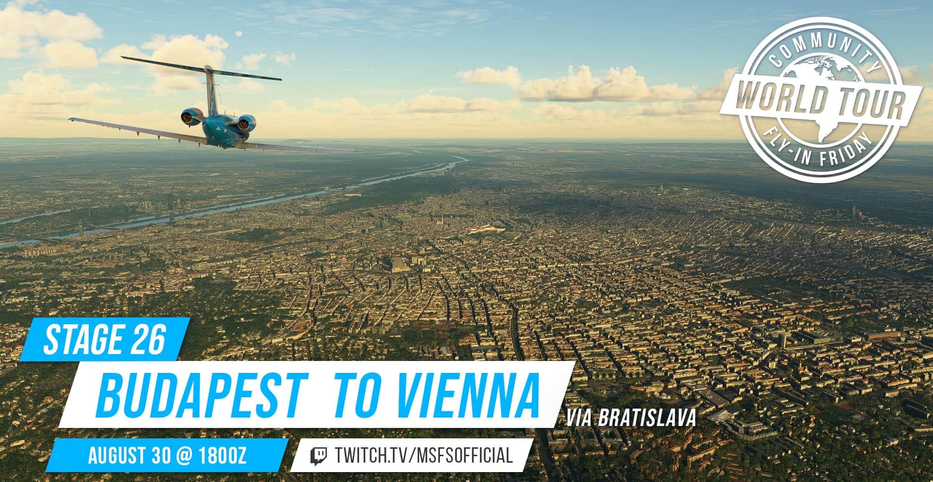 Community Fly-in Friday: Budapest to Vienna via Bratislava. Join us on August 30 at 1800Z on our twitch channel: twitch.tv/msfsofficial