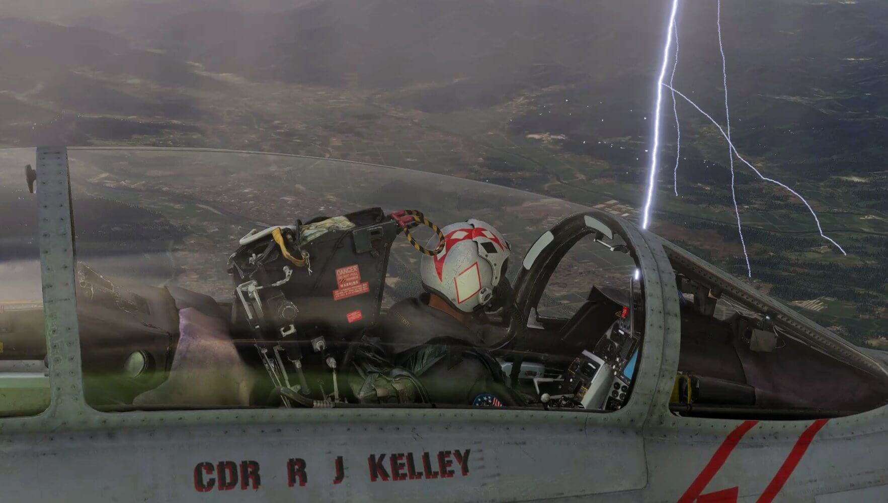 The cockpit of a fighter jet with the pilot looking out to their left at lightening striking the ground below