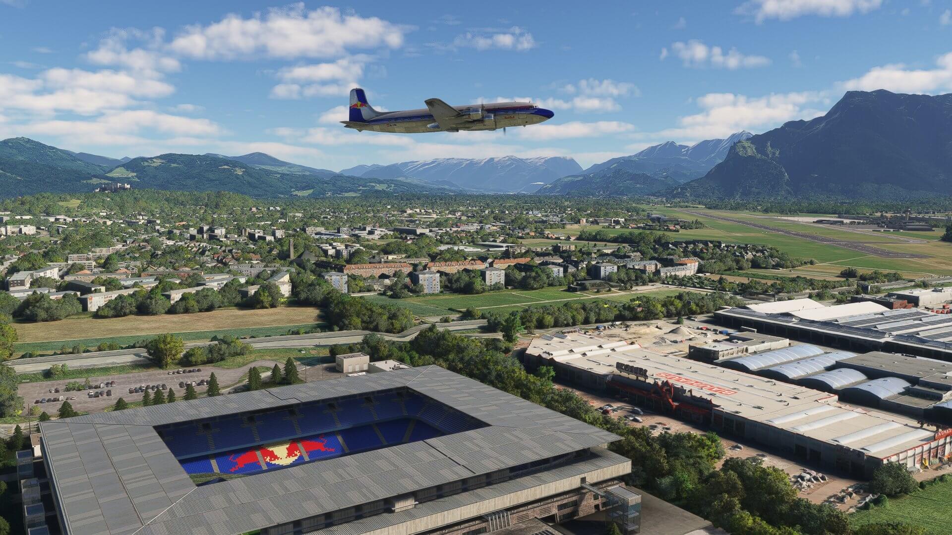 The Red Bull DC-6 flies above Salzburg