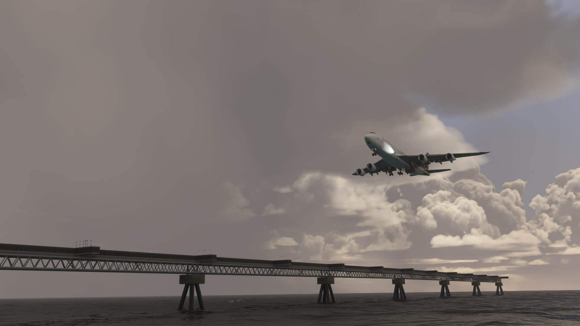 A Boeing 747-8 on approach to land with stormy clouds building up overhead