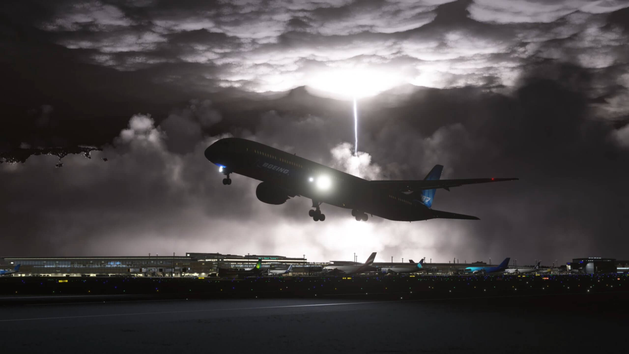 A Boeing 787 takes off from an international airport at night with a thunderstorm overhead