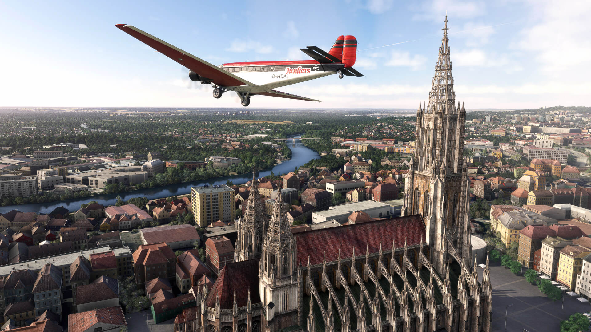 A Junkers retro aircraft passes close by to a Cathedral