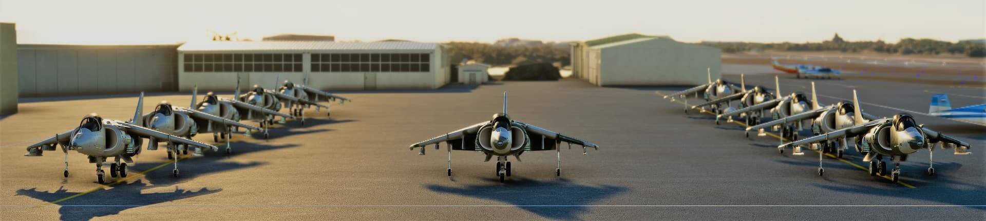 Several Harrier jump jets are parked in a line on the ramp