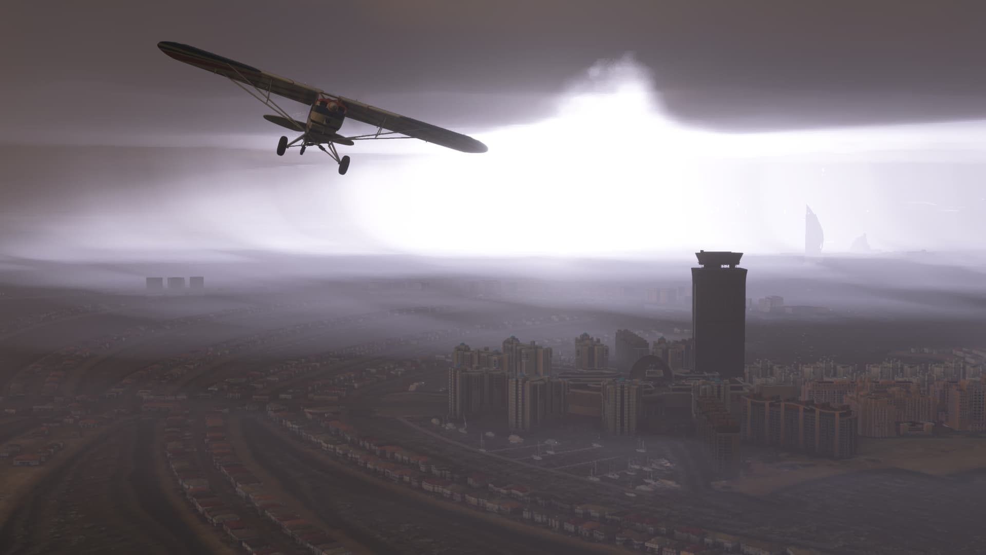 A high wing general aviation aircraft flies away from a thunderstorm building up behind