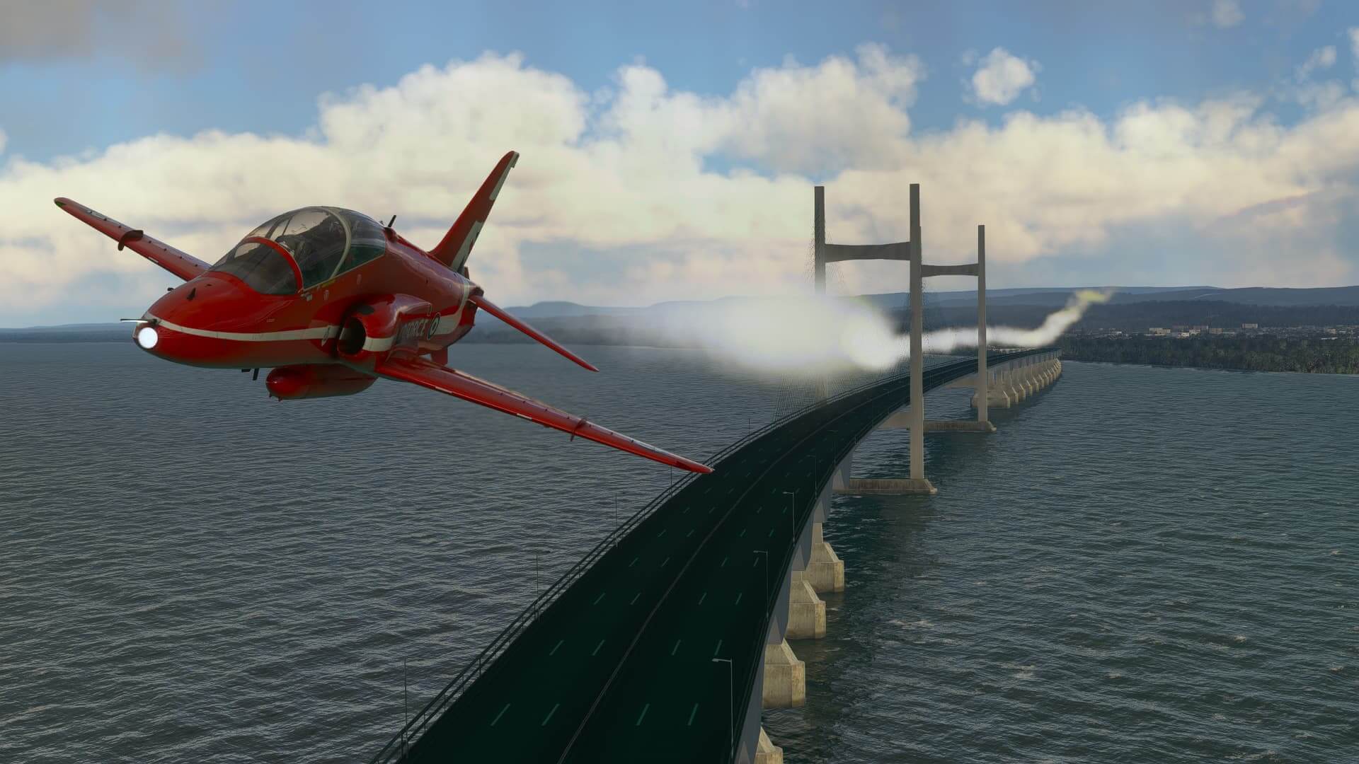 A Hawk trainer with smoke on flies over a bridge