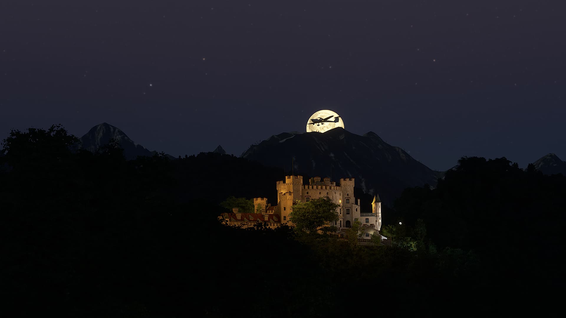 A low wing propeller aircraft silhouetted by the moon as it flies past a castle