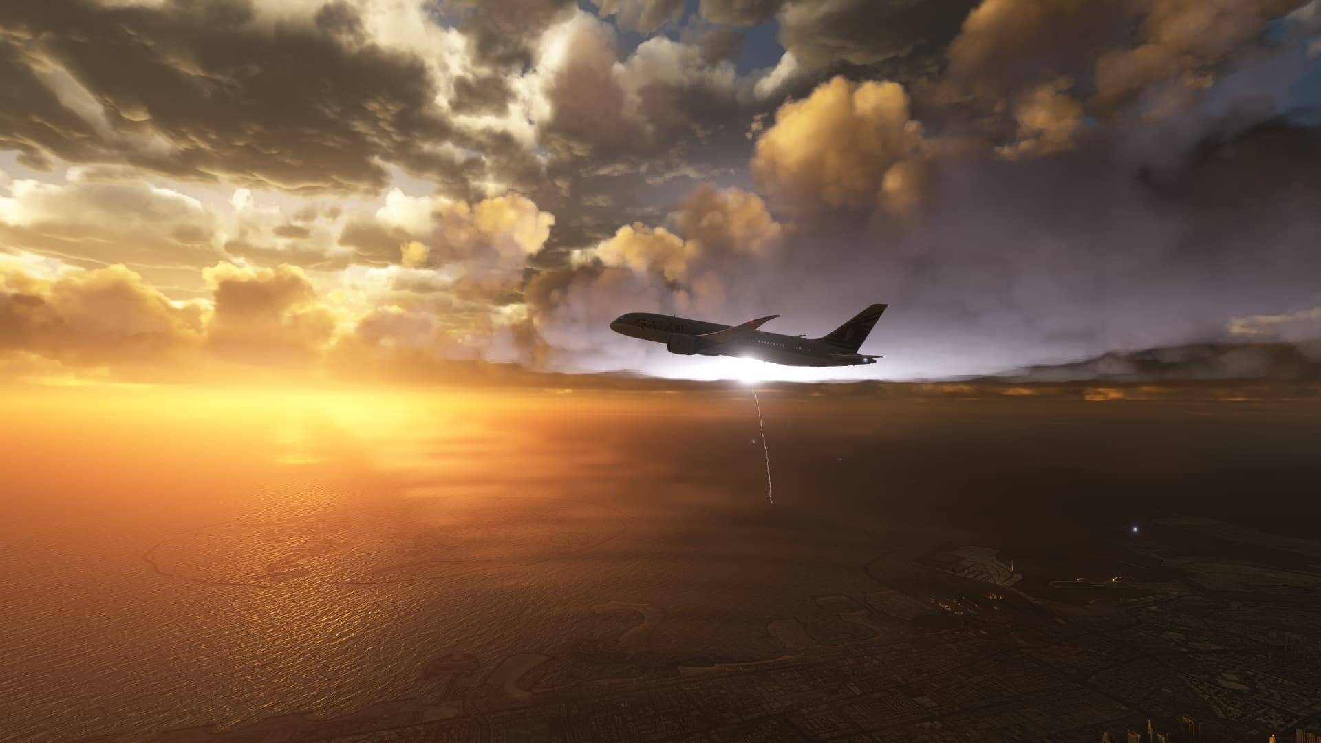 A Qatar 787 climbs out on departure with a lightening strike in the distance