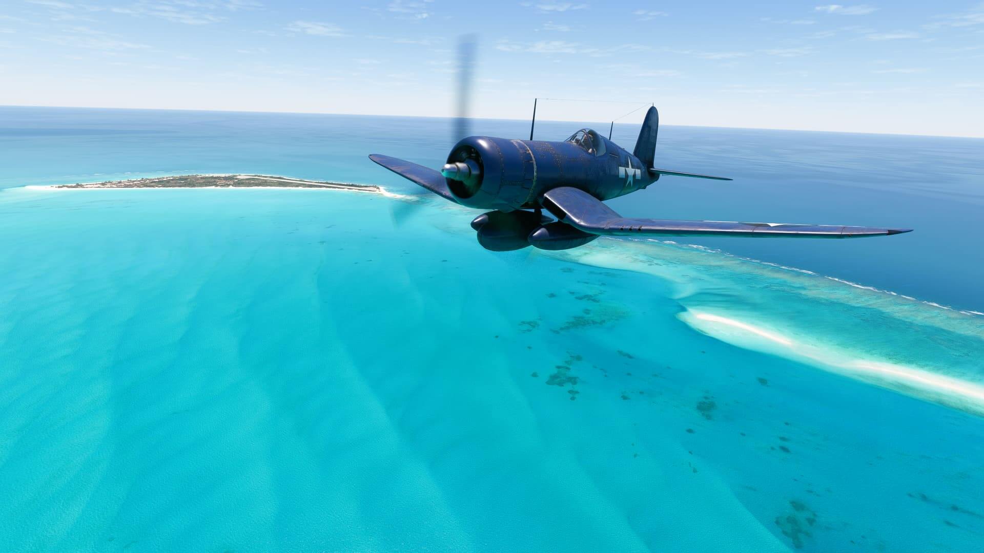 A Vought F4U Corsair flies over an island surrounded by azure blue water.