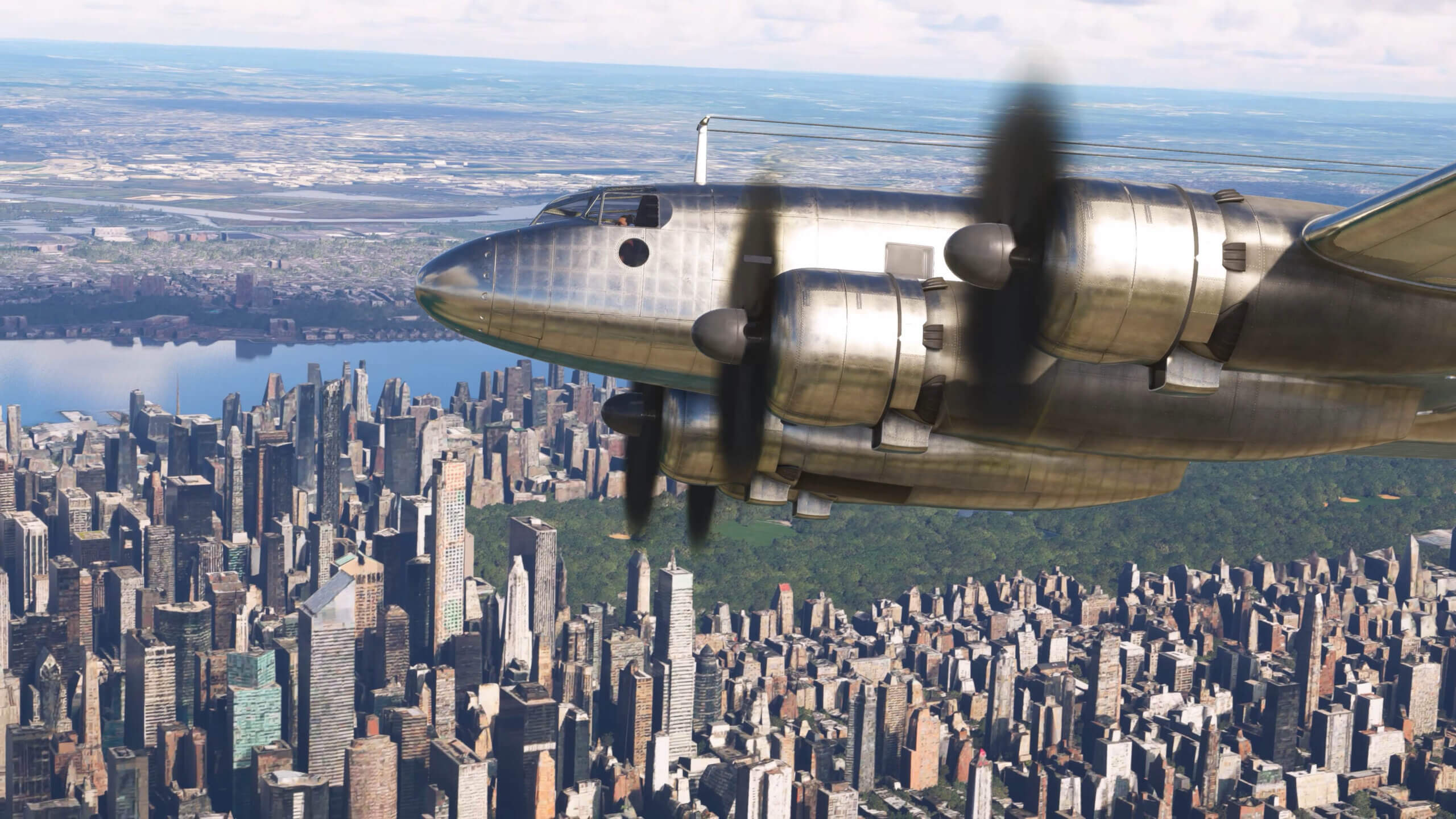 An Fw 200 Condor in flight over New York City. Central Park is visible below the plane.