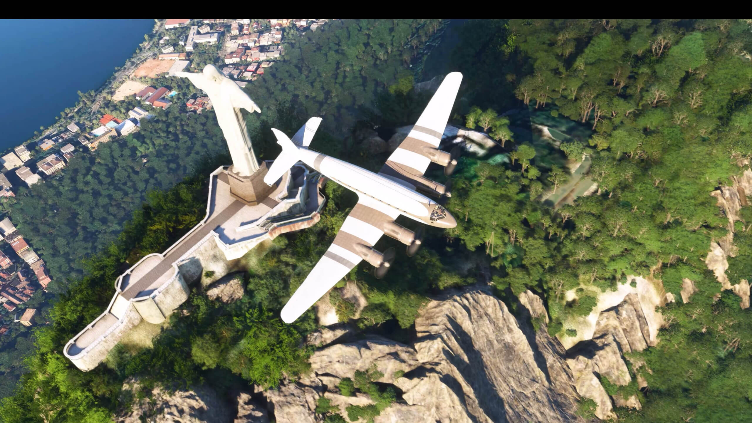 An Fw 200 Condor in flight over the Christ the Redeemer statue in Rio de Janeiro