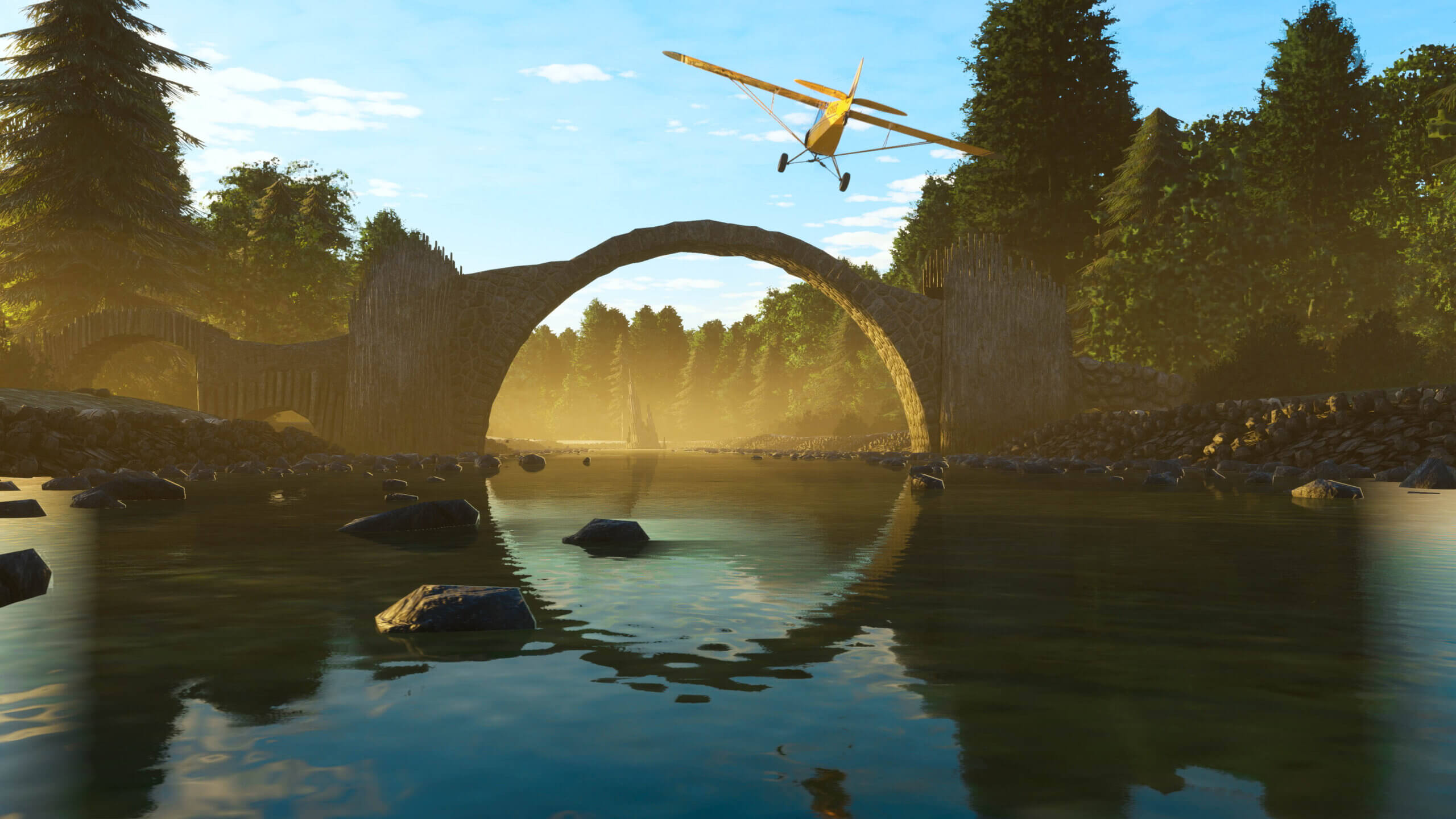 A Savage Cub flies over a stone bridge. The arch of the bridge reflects in the water below to appear like a complete circle.