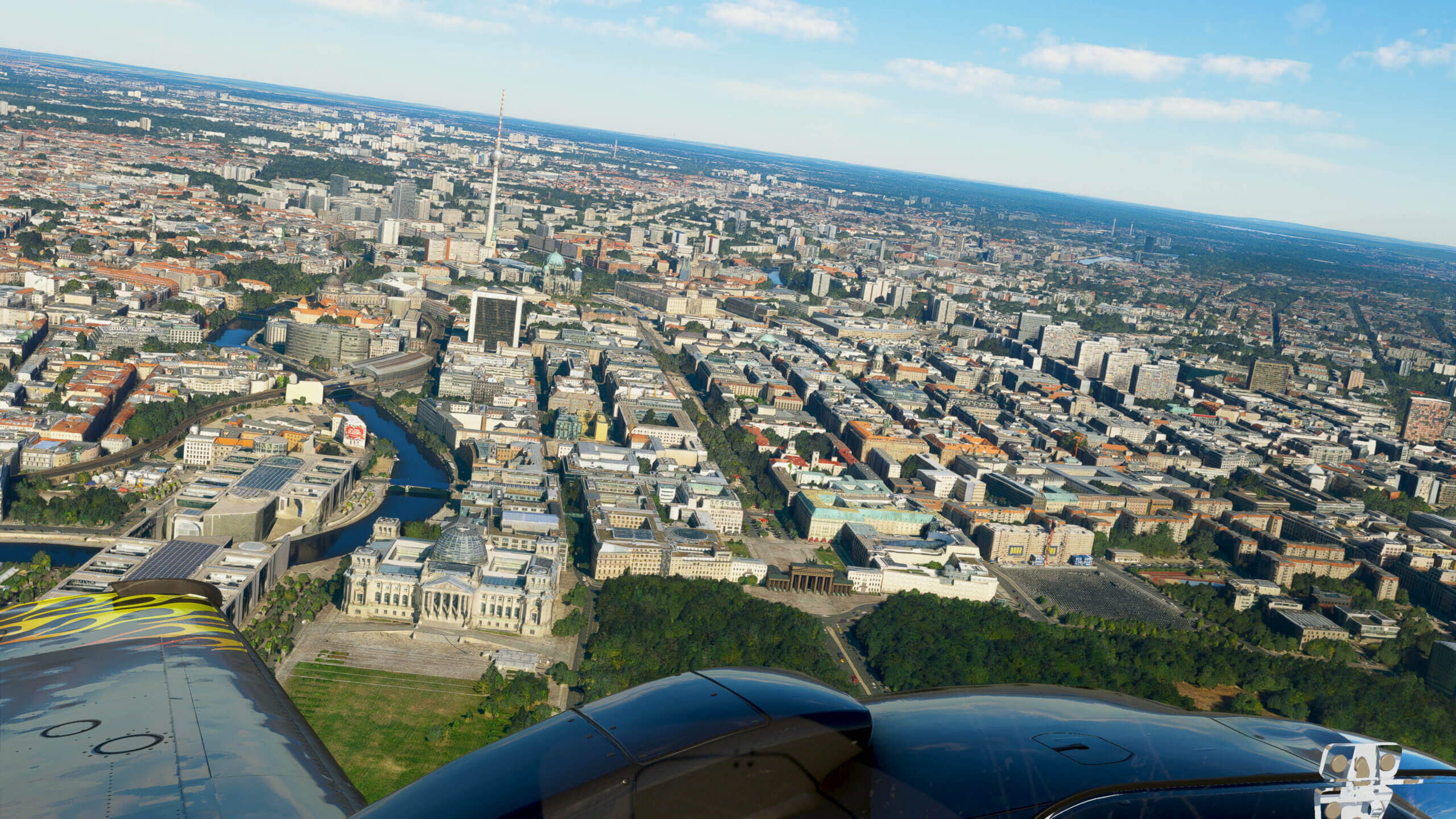 Interior cockpit view looking outside over Berlin.