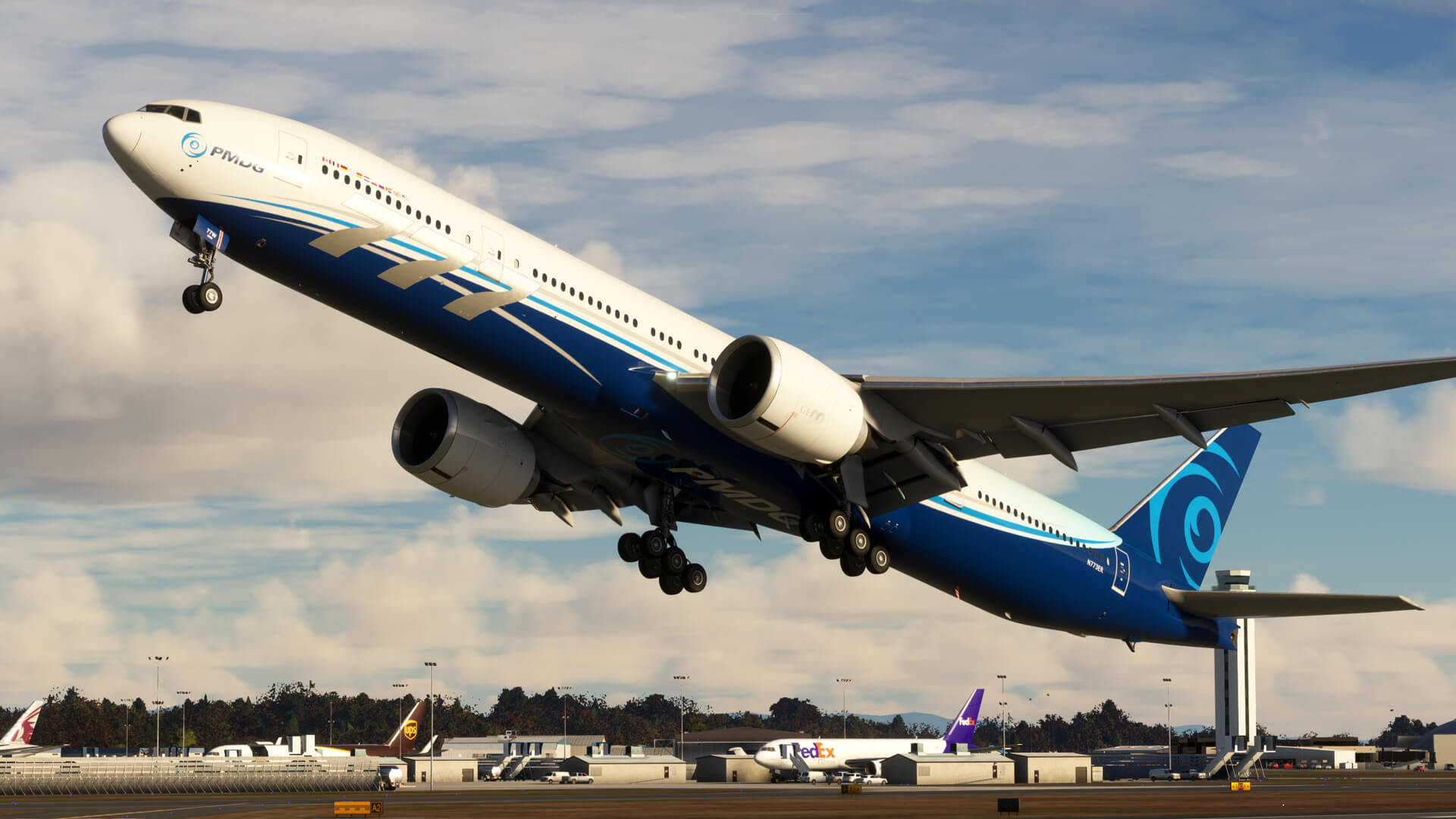 A PMDG 777-300ER with a white and blue livery takes off