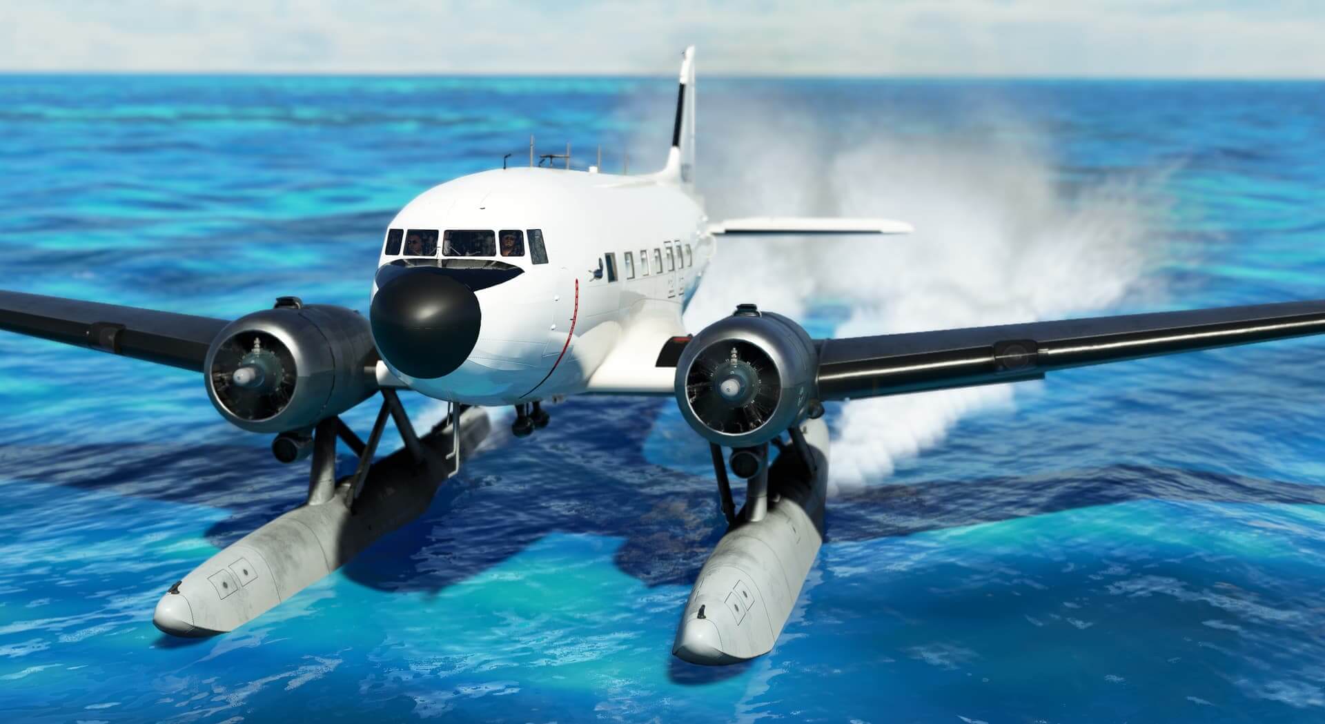 A Douglas DC-3 on floats lands on a blue body of water.