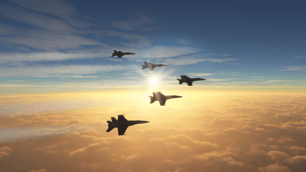 Five Boeing F/A-18 Super Hornets fly in formation above a cloud layer