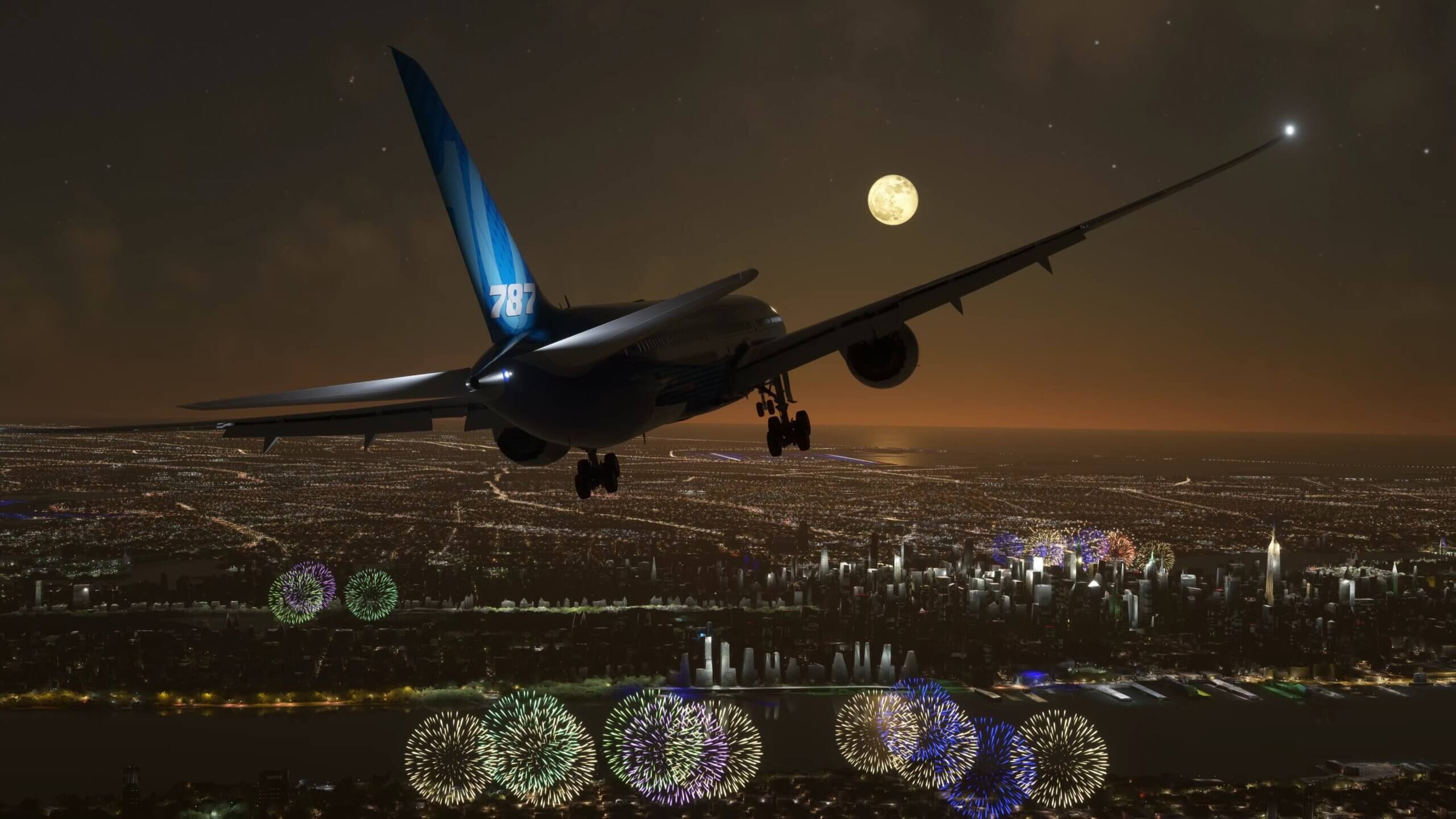 A Boeing 787 Dreamliner flies over Manhattan towards a full moon. There are fireworks visible below.