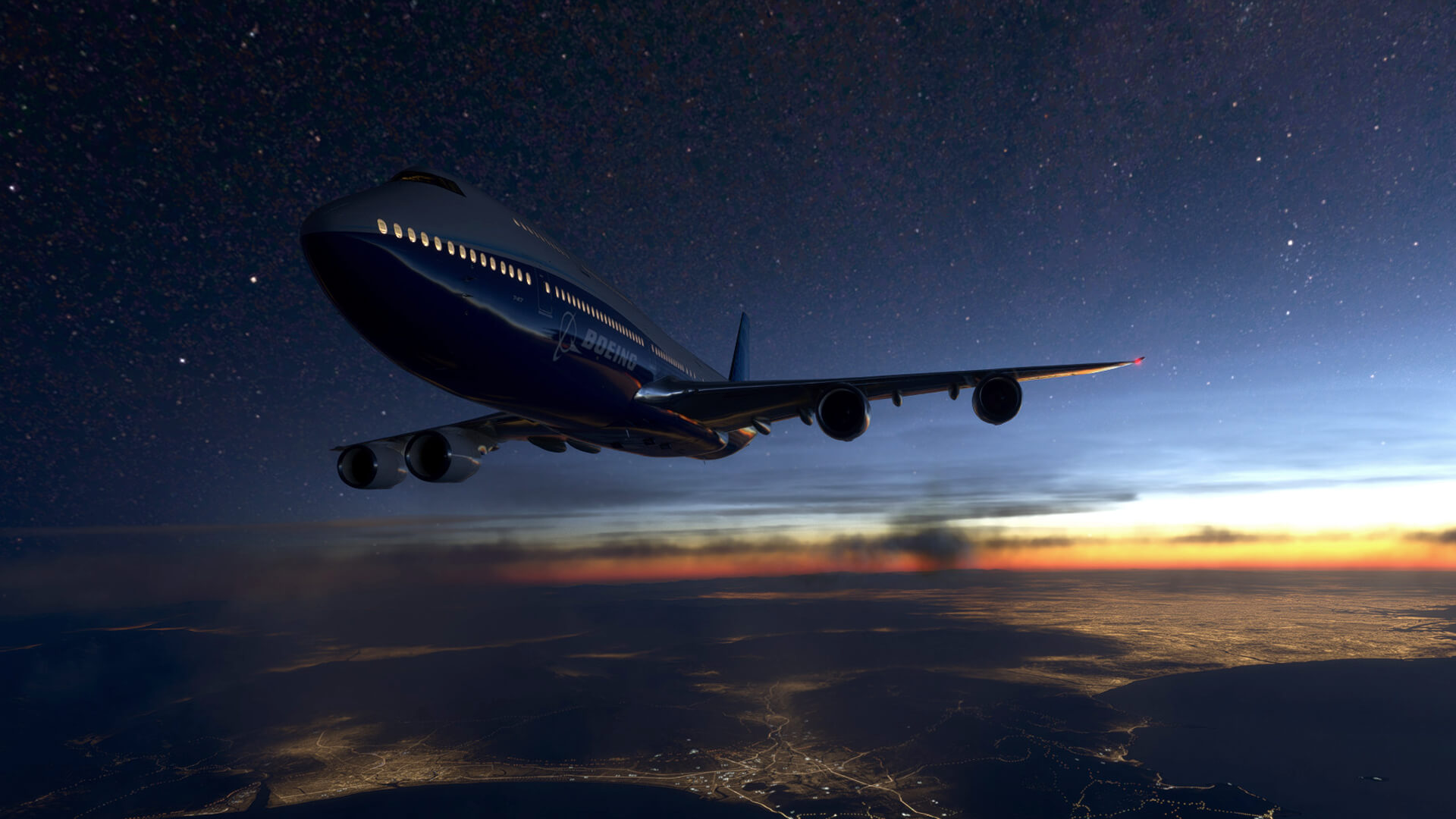 A Boeing 747 flies underneath a blue night sky.