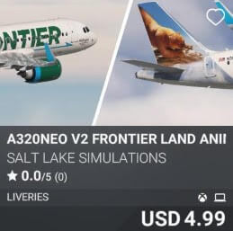 A320neo v2 Frontier Land Animals Livery Pack 3 by Salt Lake Simulations. USD 4.99