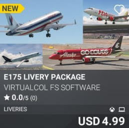 E175 Livery package by Virtualcol FS Software. USD 4.99