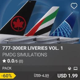 777-300ER Liveries Vol. 1 by PMDG. USD 4.99 (on sale for 1.99)