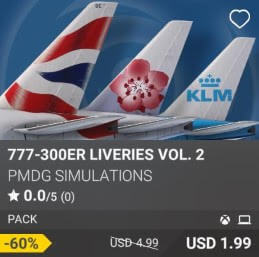 777-300ER Liveries Vol. 2 by PMDG. USD 4.99 (on sale for 1.99)