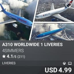 A310 Worldwide 1 Liveries by 4Simmers. USD 4.99