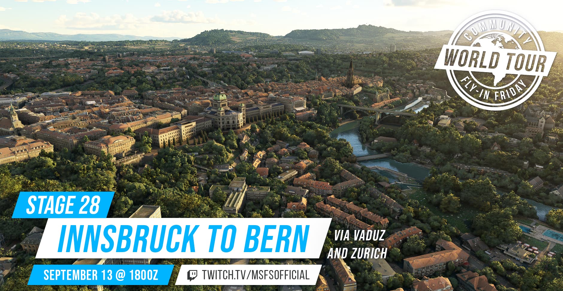 Community fly-in Friday: Innsbruck to Bern. Join us on September 12th at 1800Z on our twitch channel: twitch.tv/msfsofficial