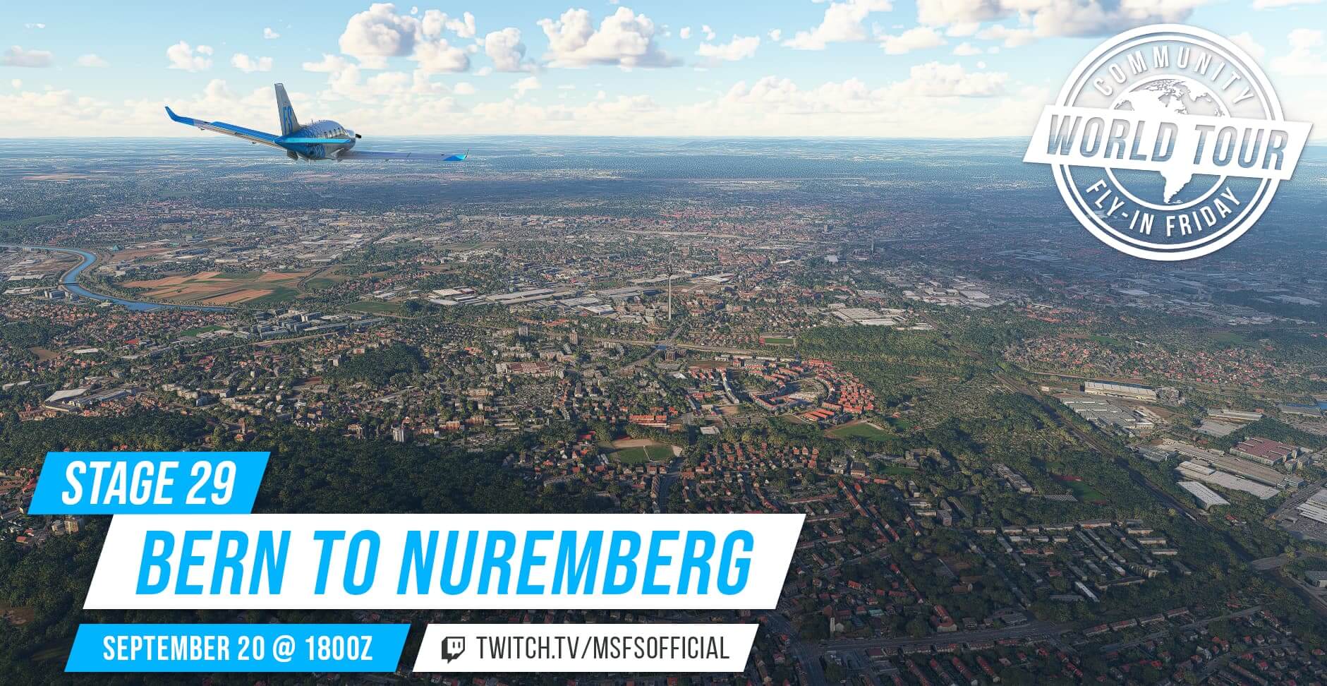 Community fly-in Friday: Bern to Nuremberg. Join us on September 20th at 1800Z on our twitch channel: twitch.tv/msfsofficial