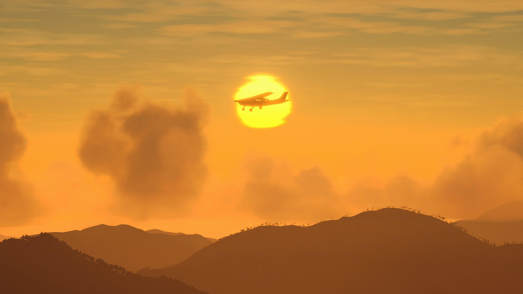 A Cessna 172 silhouetted by the sun