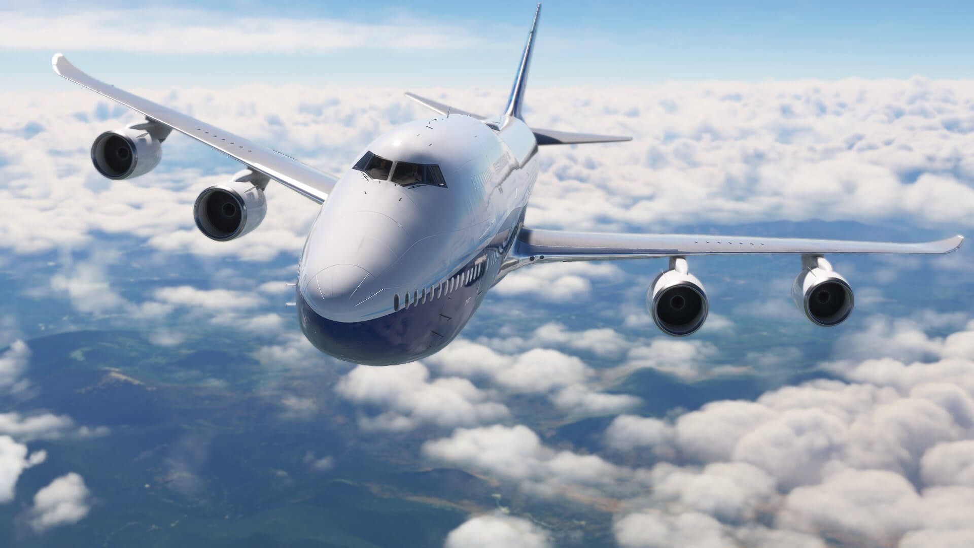 A Boeing 747-8 cruises above broken and overcast clouds below