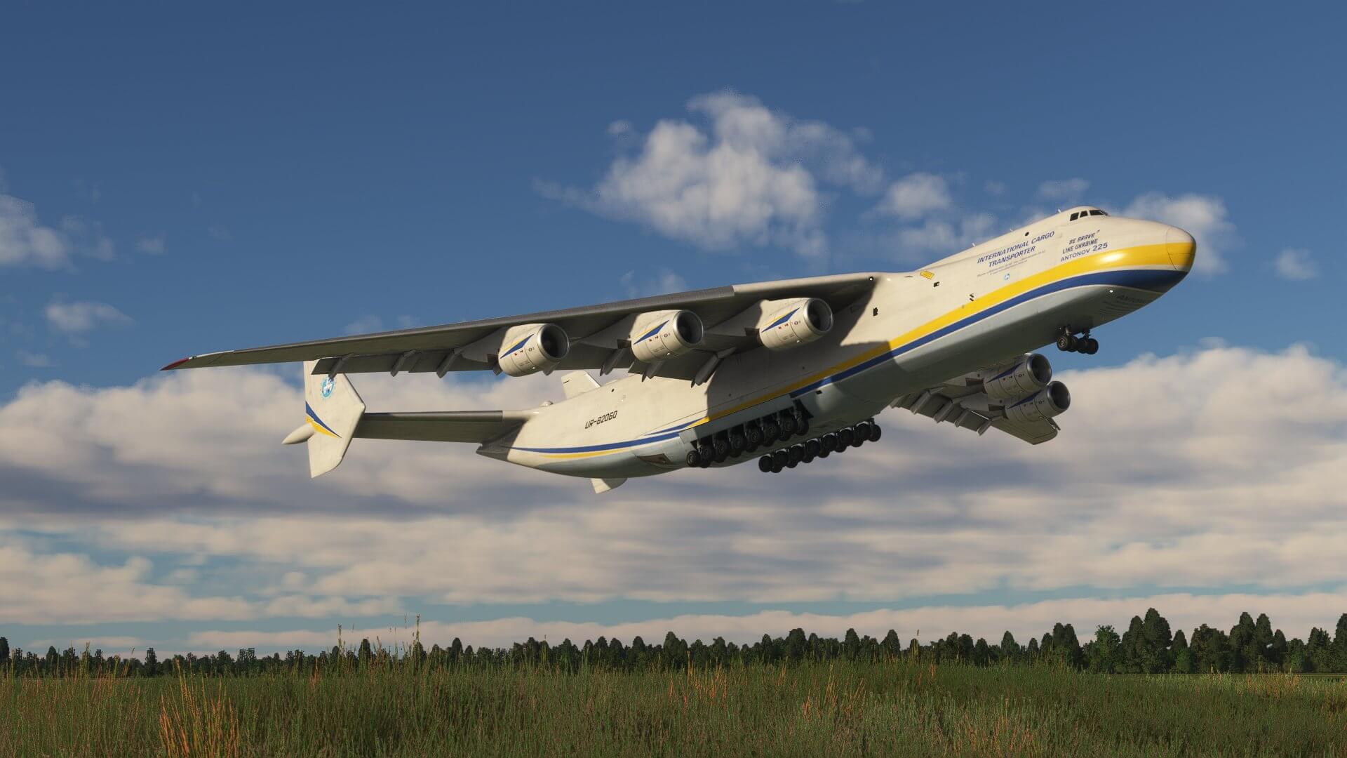 The Antonov AN-225 takes off from a runway